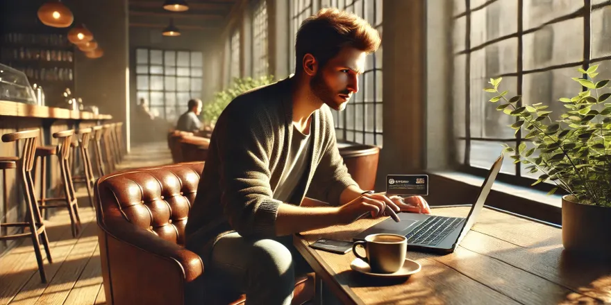 Mladý muž v kavarně vybírá na počítači půjčku.