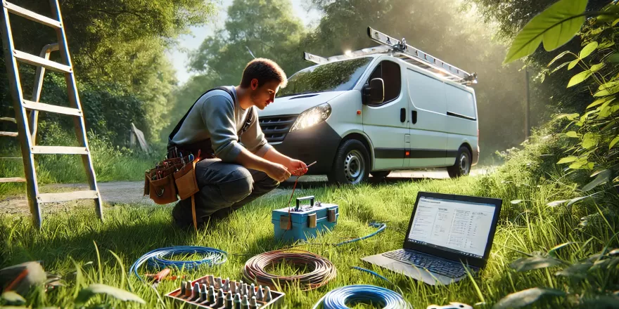 Potřebujete půjčku jako OSVČ? Elektrikář pracuje venku s nářadím u elektrického vedení. v pozadí je dodávka. PC kabely, nářadí.